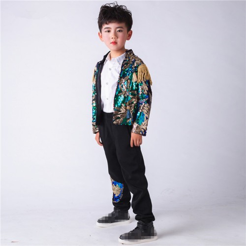 Custom size boys drummer jazz dance costumes  hiphop modern street performance dancing  outfits sequin green blue jacket and pants